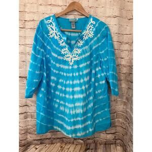 Catherines Top Womens 1X Tunic Turquoise Tie Dye Embroidered Long Sleeve V Neck